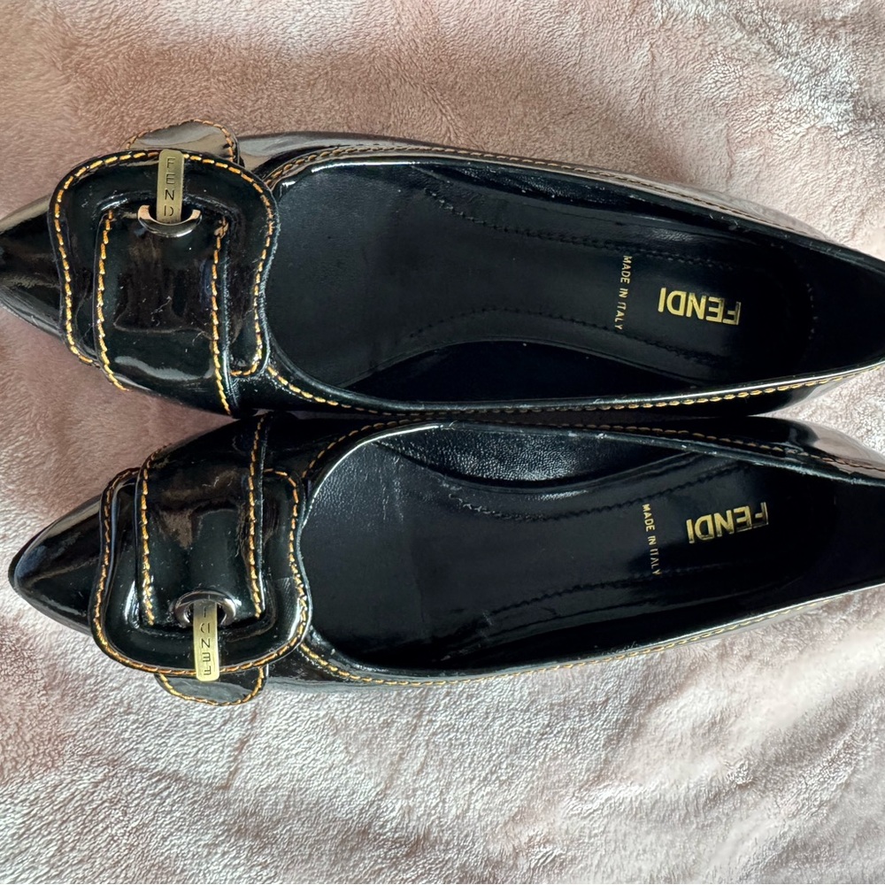 Fendi Black Flats with Gold Buckle Detail